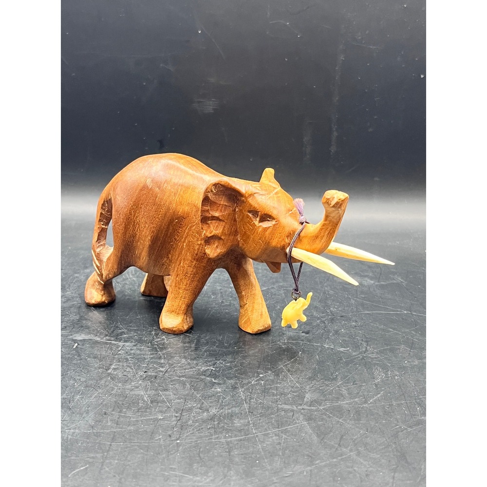 Hand Carved Wooden Elephant Figurine Tusks Baby Elephant Charm 6" x 3.5" Vtg